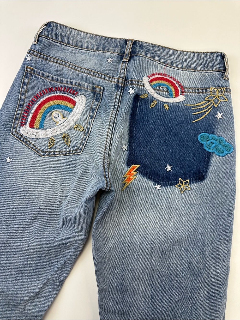 Rainbow Embroidered Jeans Celestial Galaxy Alien Rainbow Jeans Size 24 Spacecore